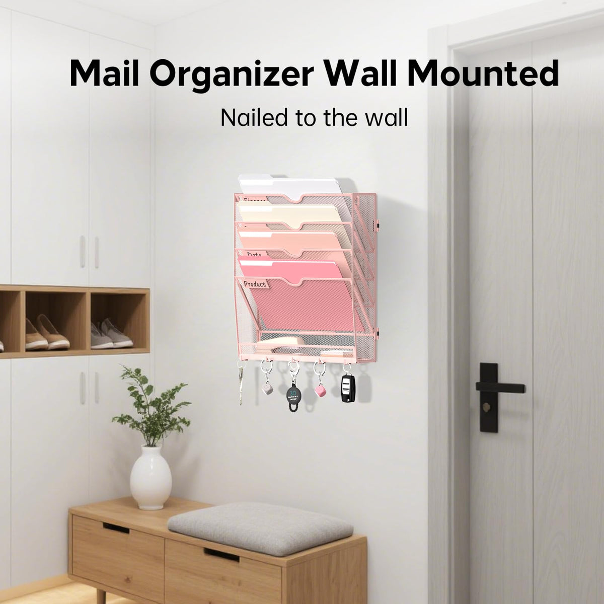 JMHUD 5-Tier Wall File Organizer and Mail Organizer with 5 Hooks, Pink
