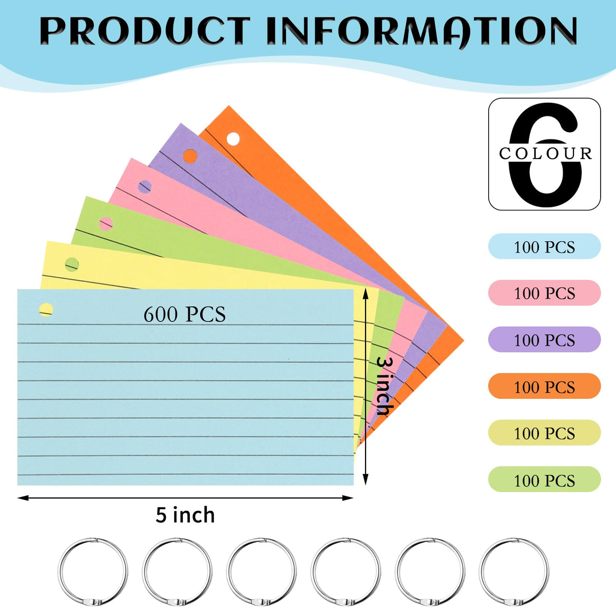 Lovppy 600PCS Index Cards,3x5 Inches Colored Flash Cards with Ring, Punched Lined Flashcards Ruled