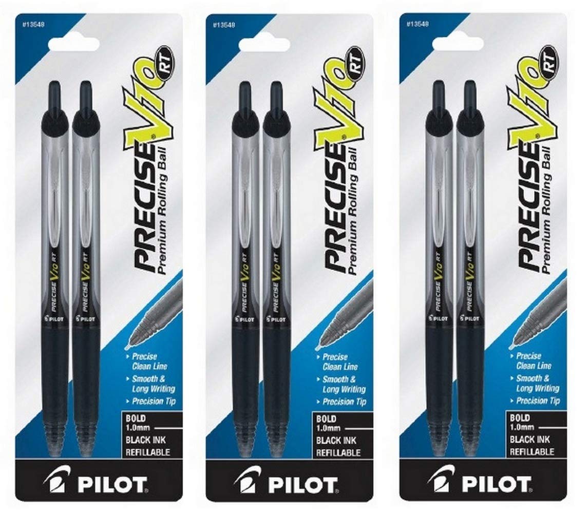 (3) Pilot Precise V10 RT Retractable Premium Rolling Ball Pens, Bold, 1.0 mm, Black Ink, 2 Pack