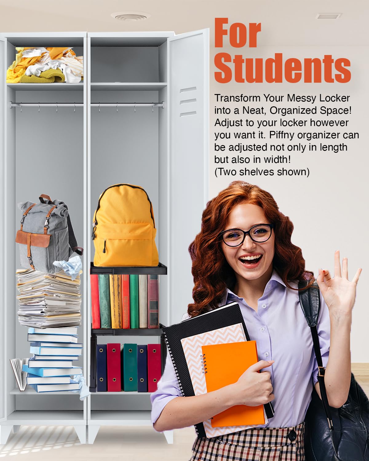 Piffny Locker Organizer Shelf, Adjustable Width and Height, Ideal for School, Office, and Gym