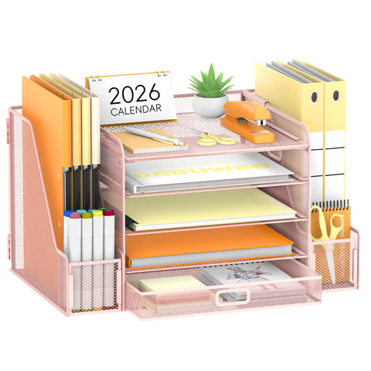 SUPEASY Mesh Desk Organizer with File Holder, 5-Tier Paper Letter Tray Organizer with Magazine