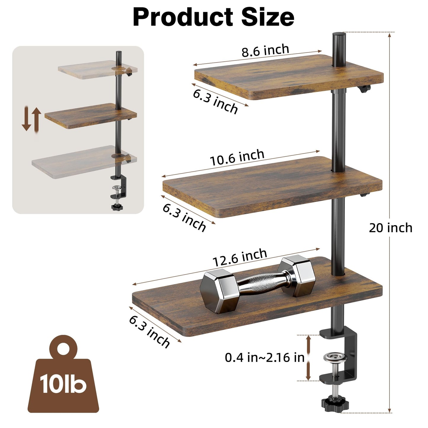ART-GIFTREE 3 Tiers Clamp On Desk Shelf, 360° Angle Adjustable Desktop Shelf Organizer for Home