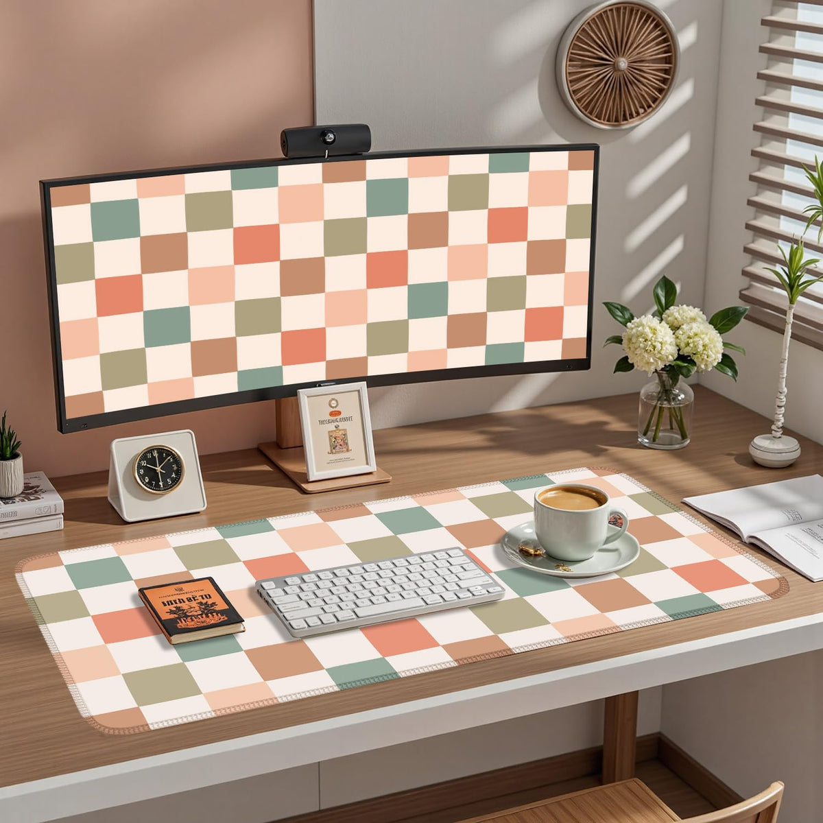 Boho Checkered Desk Mat, Retro Beige Plaid Mouse Pad Xl-31.5x15.7in-Pastel Desk Mousepad-Extended