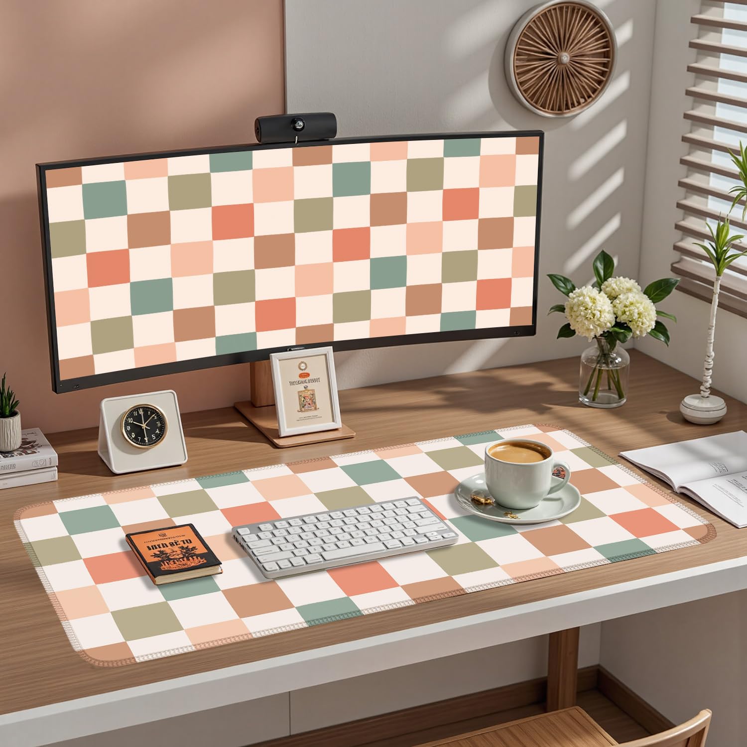 Boho Checkered Desk Mat, Retro Beige Plaid Mouse Pad Xl-31.5x15.7in-Pastel Desk Mousepad-Extended