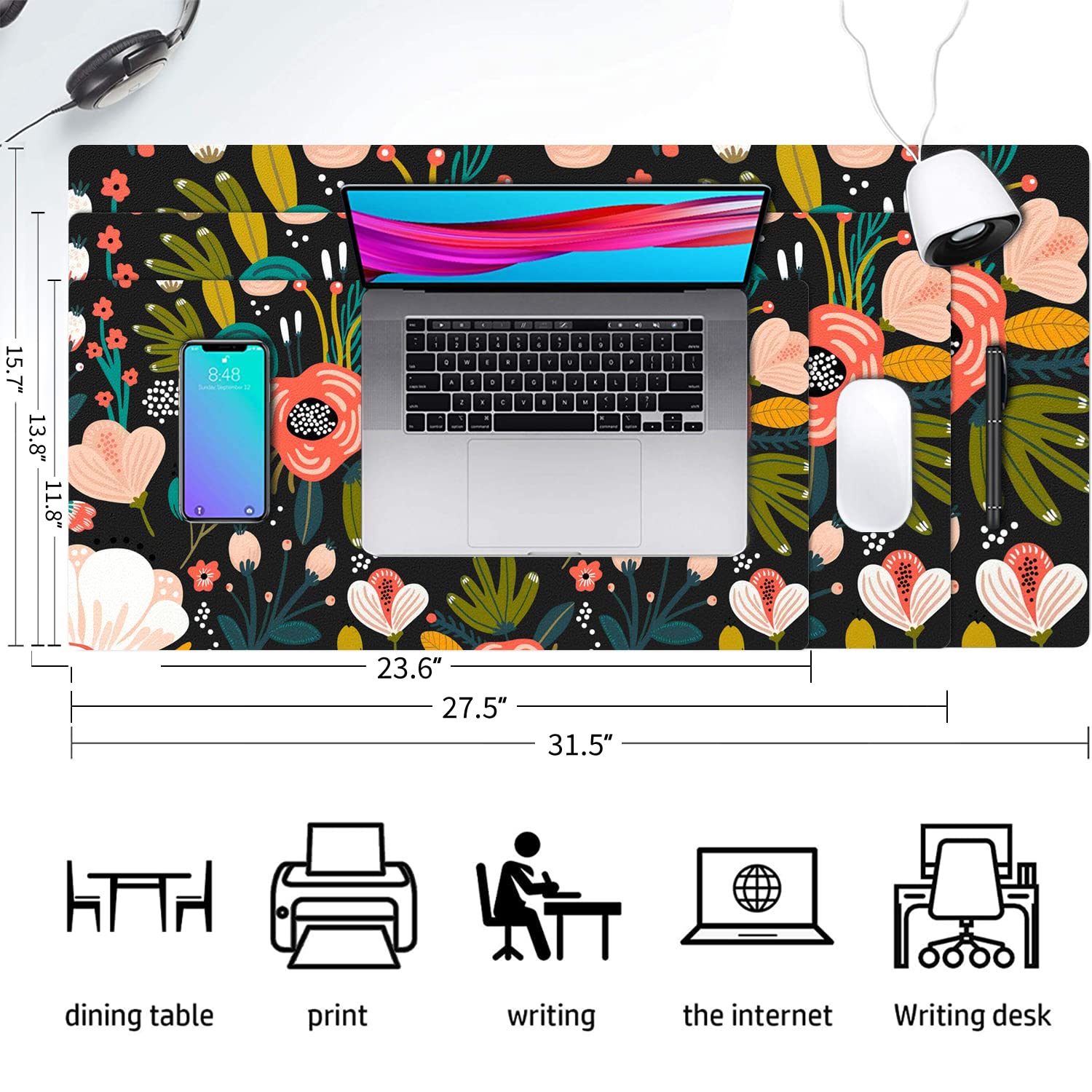 Floral Desk Mat, Large Non-Slip Leather Desk Pad, Black Floral 31.5"x15.7"