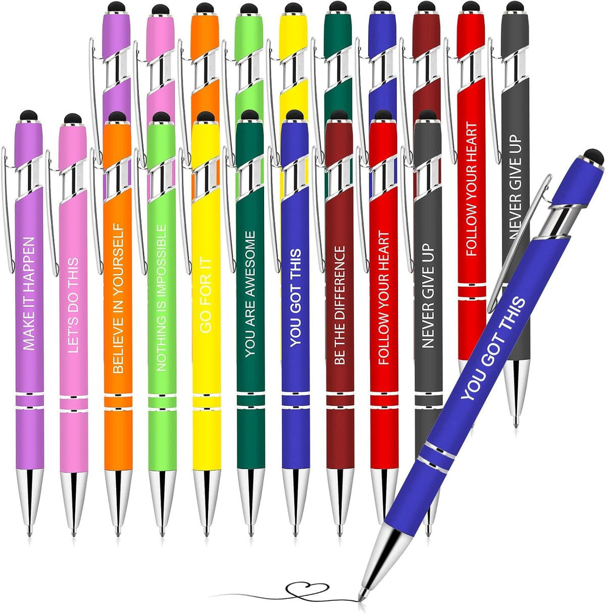 Greengines 20 PCS Inspirational Pens Bulk with Stylus Tip Gifts Black Ink