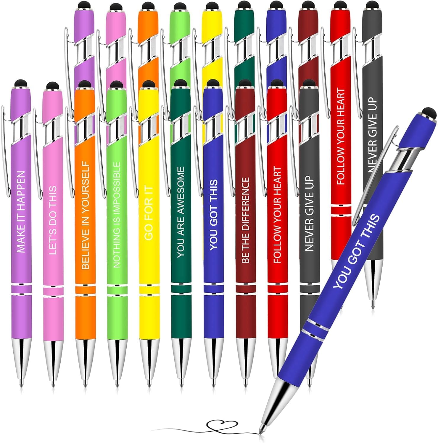 Greengines 20 PCS Inspirational Pens Bulk with Stylus Tip Gifts Black Ink