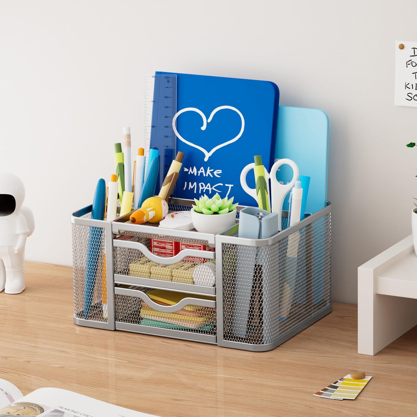 Marbrasse Mesh Desk Organizer, Pen Organizer with 2 Drawer, Multi-Functional Pencil Holder, Desk