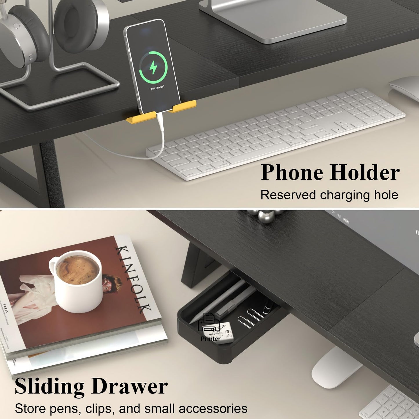 TEAMIX 39.4 inch Dual Monitor Stand Riser with Drawer & Phone Holder, Black