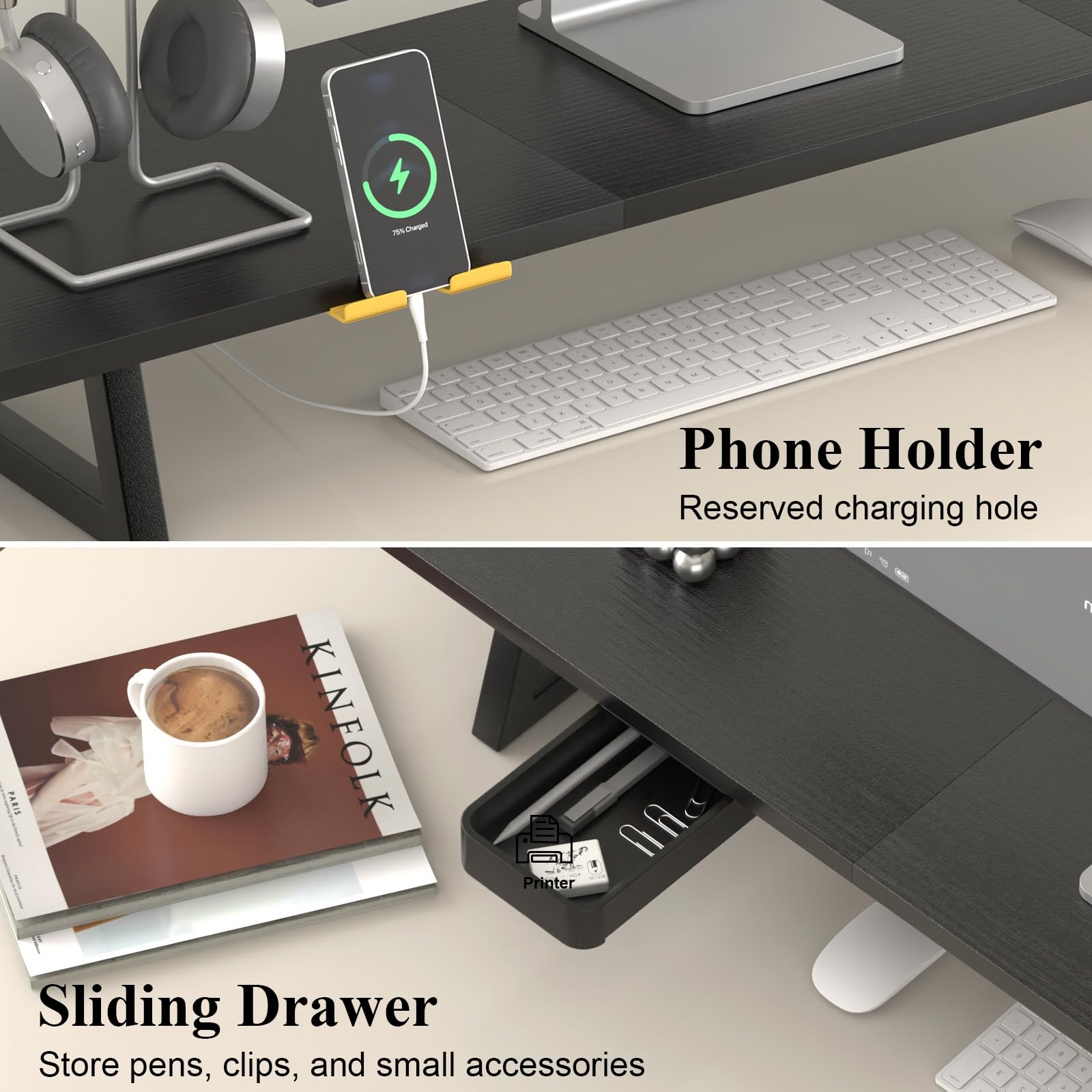 TEAMIX 39.4 inch Dual Monitor Stand Riser with Drawer & Phone Holder, Black