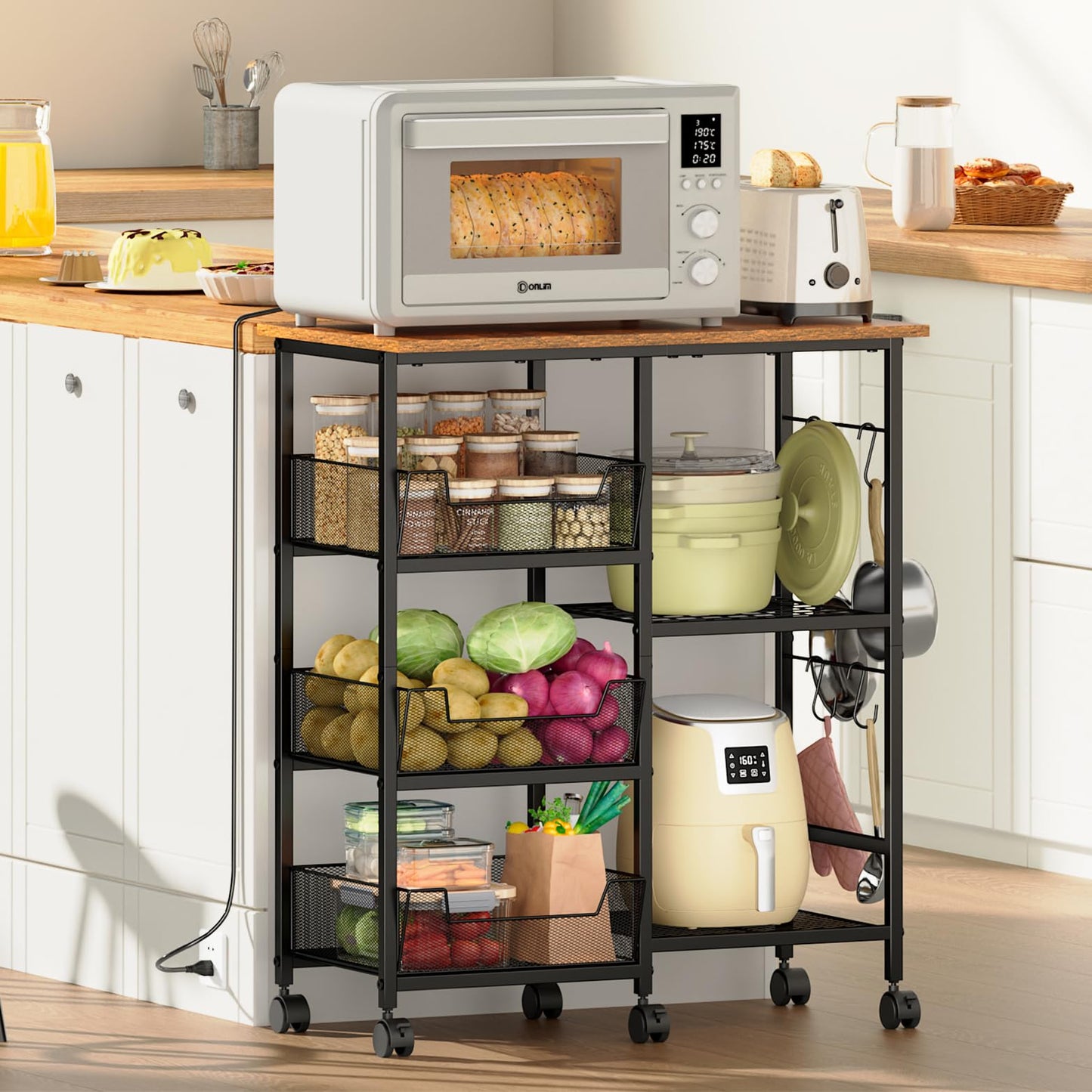 Rolling Kitchen Microwave Organizer Cart, Adjustable Shelves, Black