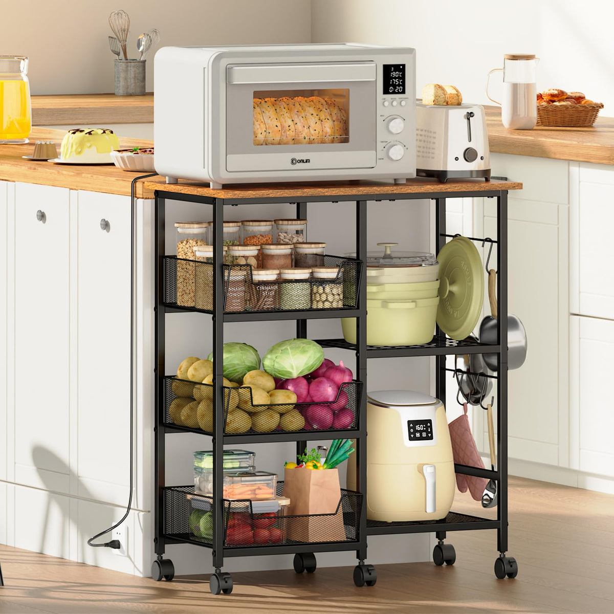 Rolling Kitchen Microwave Organizer Cart, Adjustable Shelves, Black