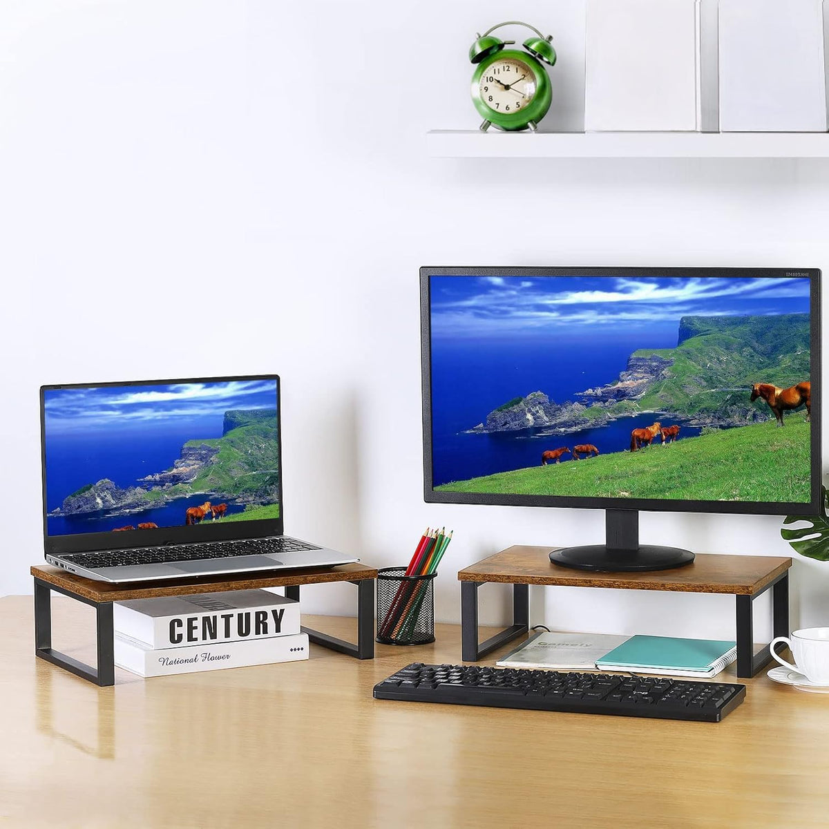 Wood Monitor Stand 2 Pack Monitor Riser for Desk, Brown