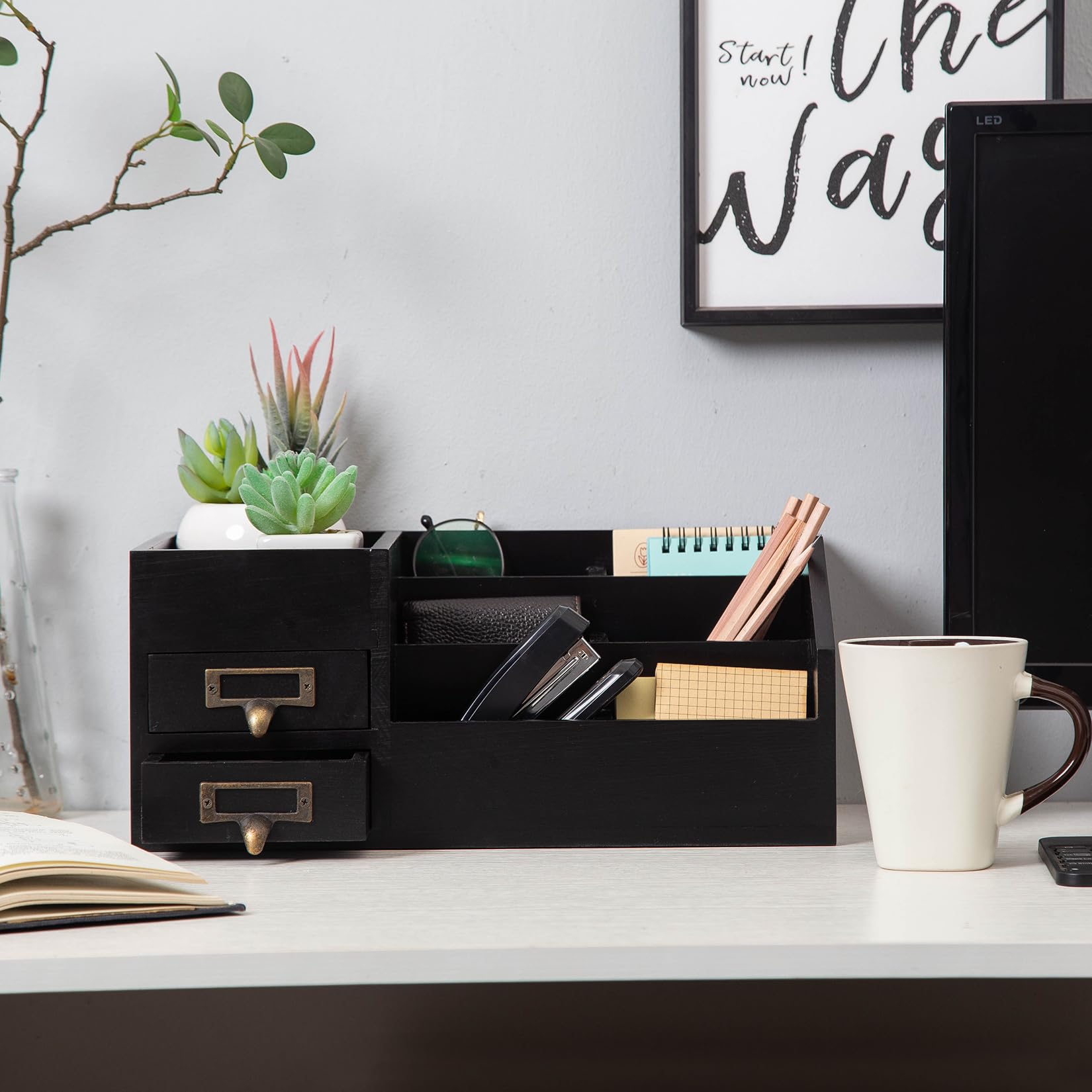 Distressed Rustic Wooden Office Desktop Organizer Wood Shelf Tabletop Home Organizer Storage with