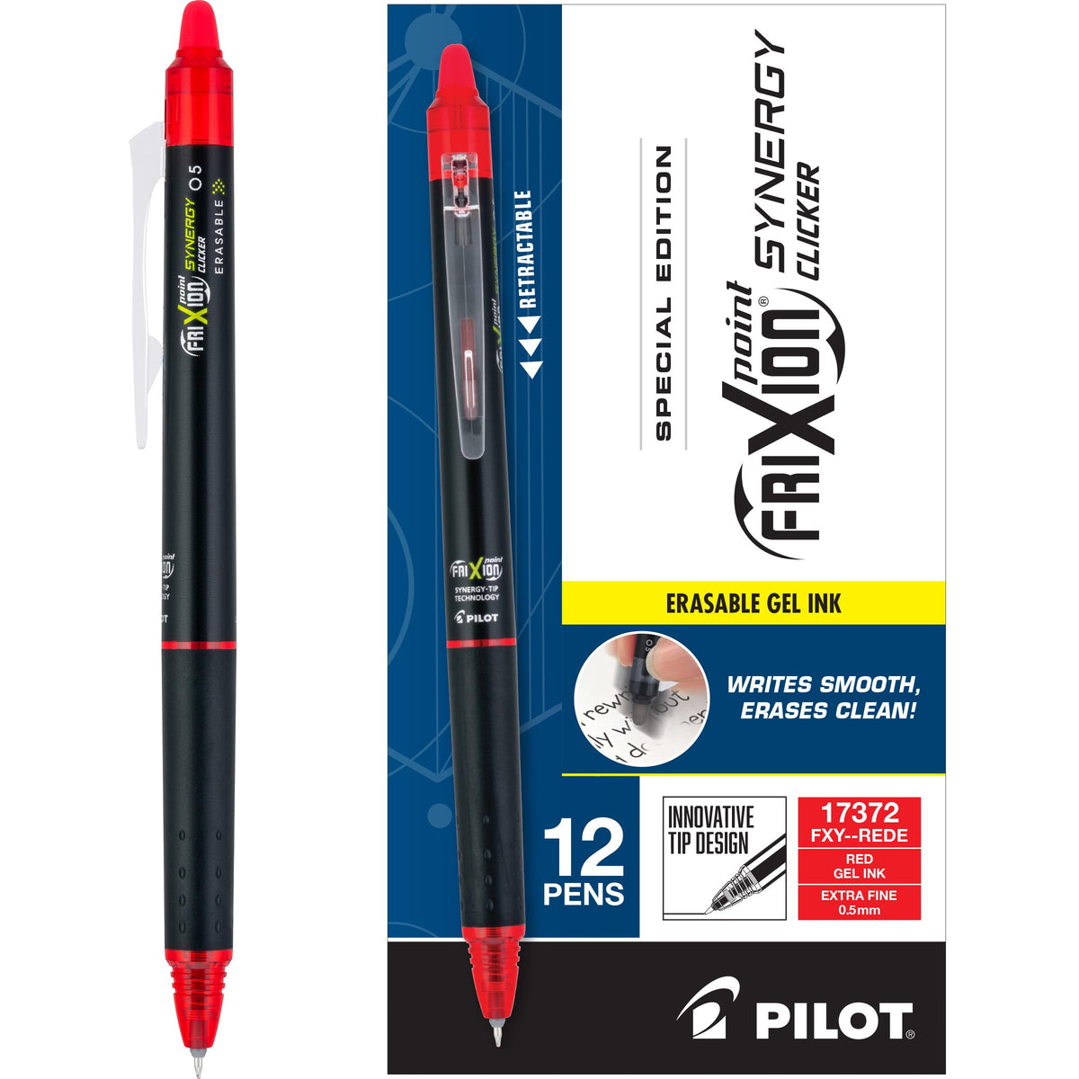 PILOT FriXion Synergy Clicker Erasable Gel Ink Pens, 0.5mm, Red, 12-Pack