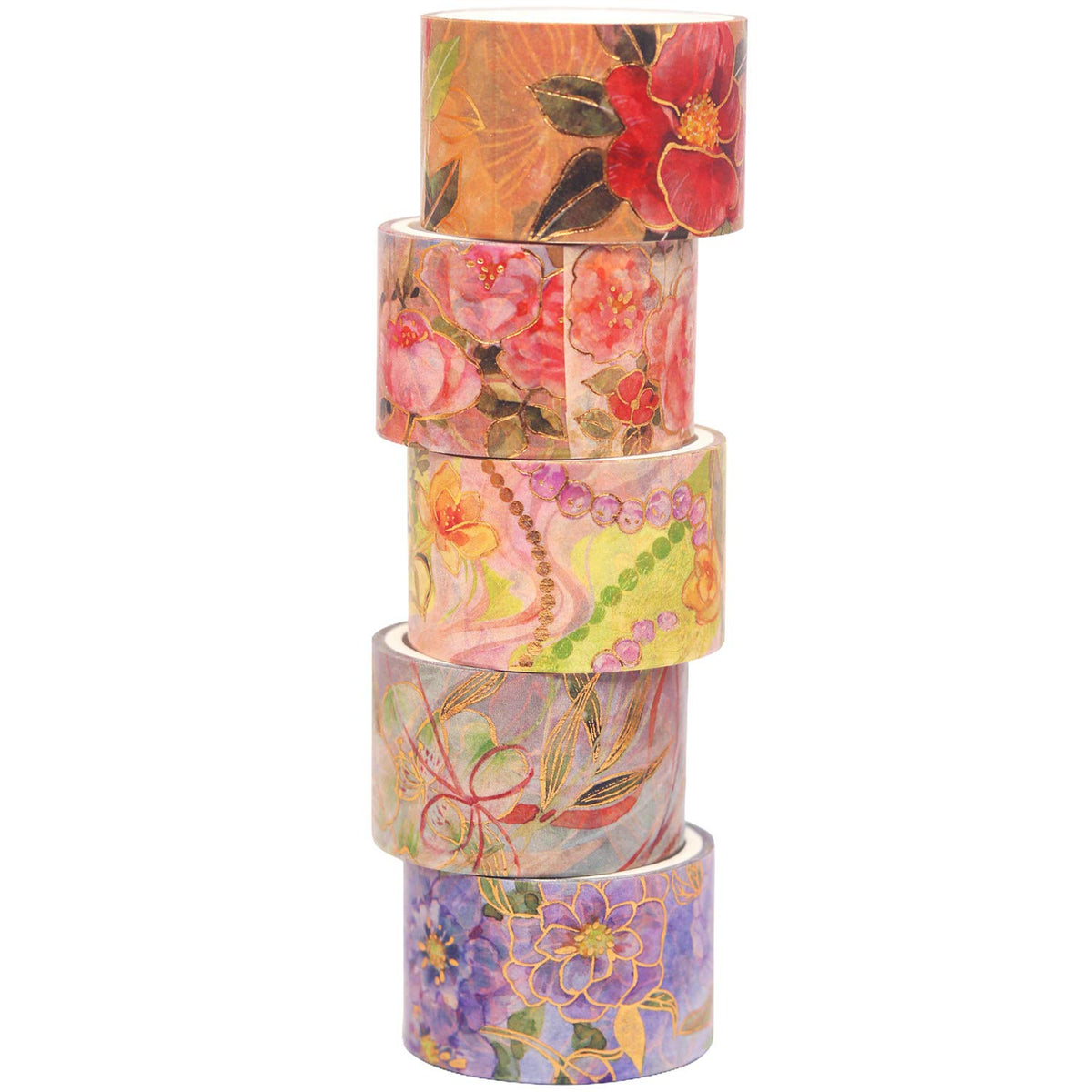 YUBBAEX Blooming Washi Tape Set Gold Foil Masking Tape Peony Wide Decorative for Arts, DIY Crafts