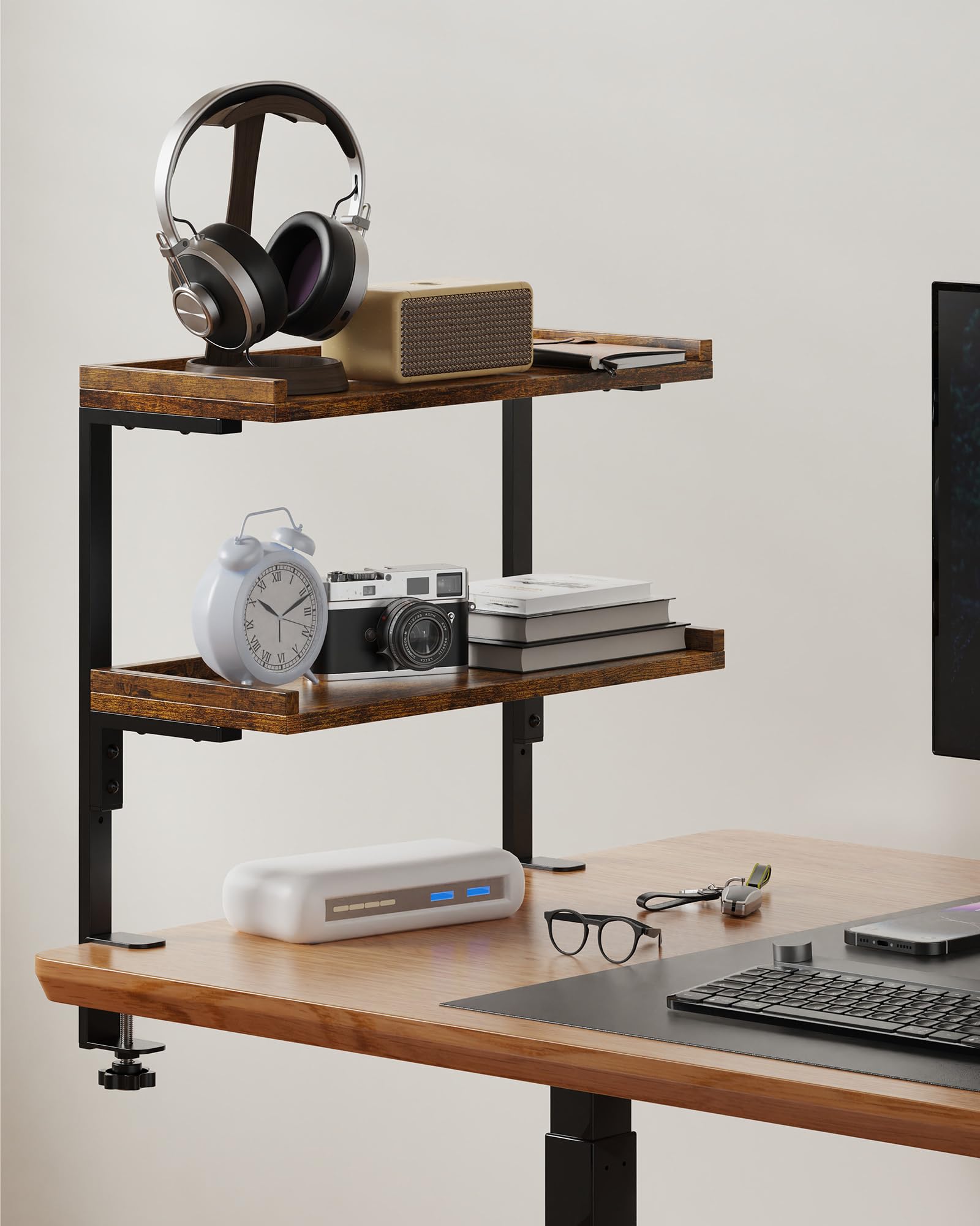 ART-GIFTREE Clamp On Desk Shelf 2-Tier, 16.5 in Wood Shelving Unit for Office Desk/Gaming