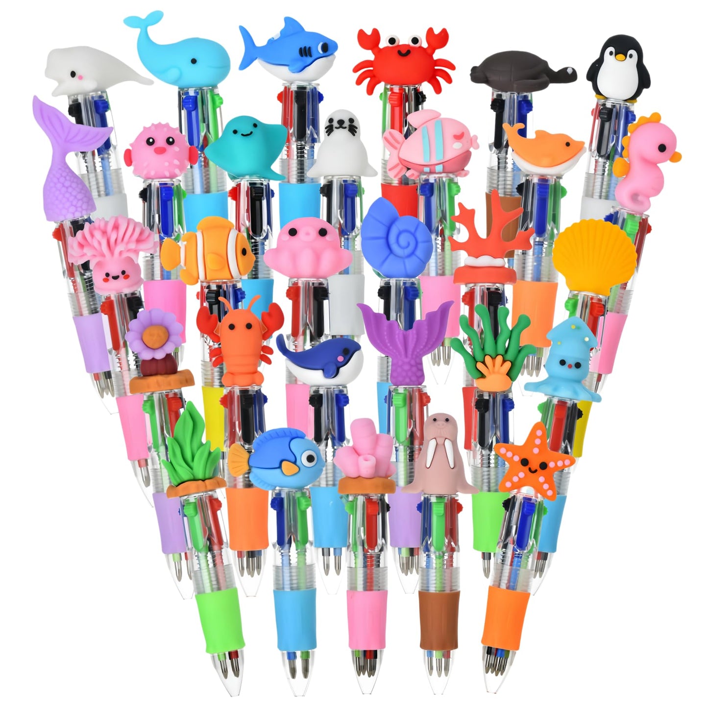 30PCS Ocean Animal Multicolor Pens, 4 Color Ballpoint Pens Bulk, Retractable Novelty Pens with