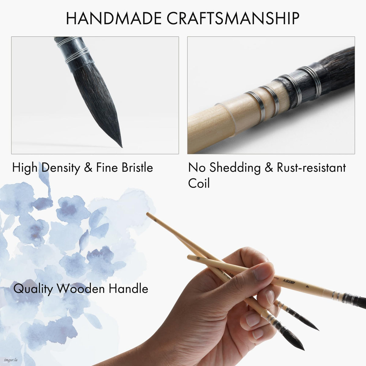 ARTIFY 3PCS Professional Natural Squirrel Hair Quill Round Fine Tip Detail Watercolor Brush Set |
