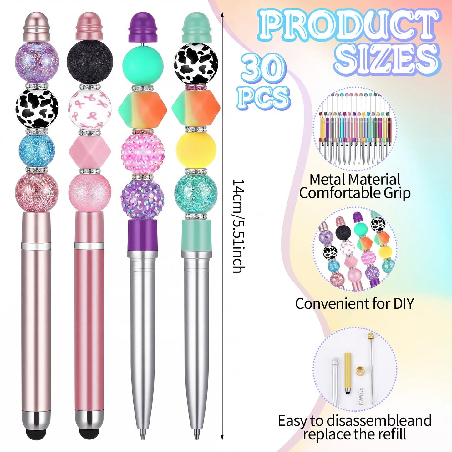 Qilery 30 Pcs Beaded Pens with Stylus Tips Plastic Beaded DIY Stylus 2-in-1 for Rubber Touch Screen