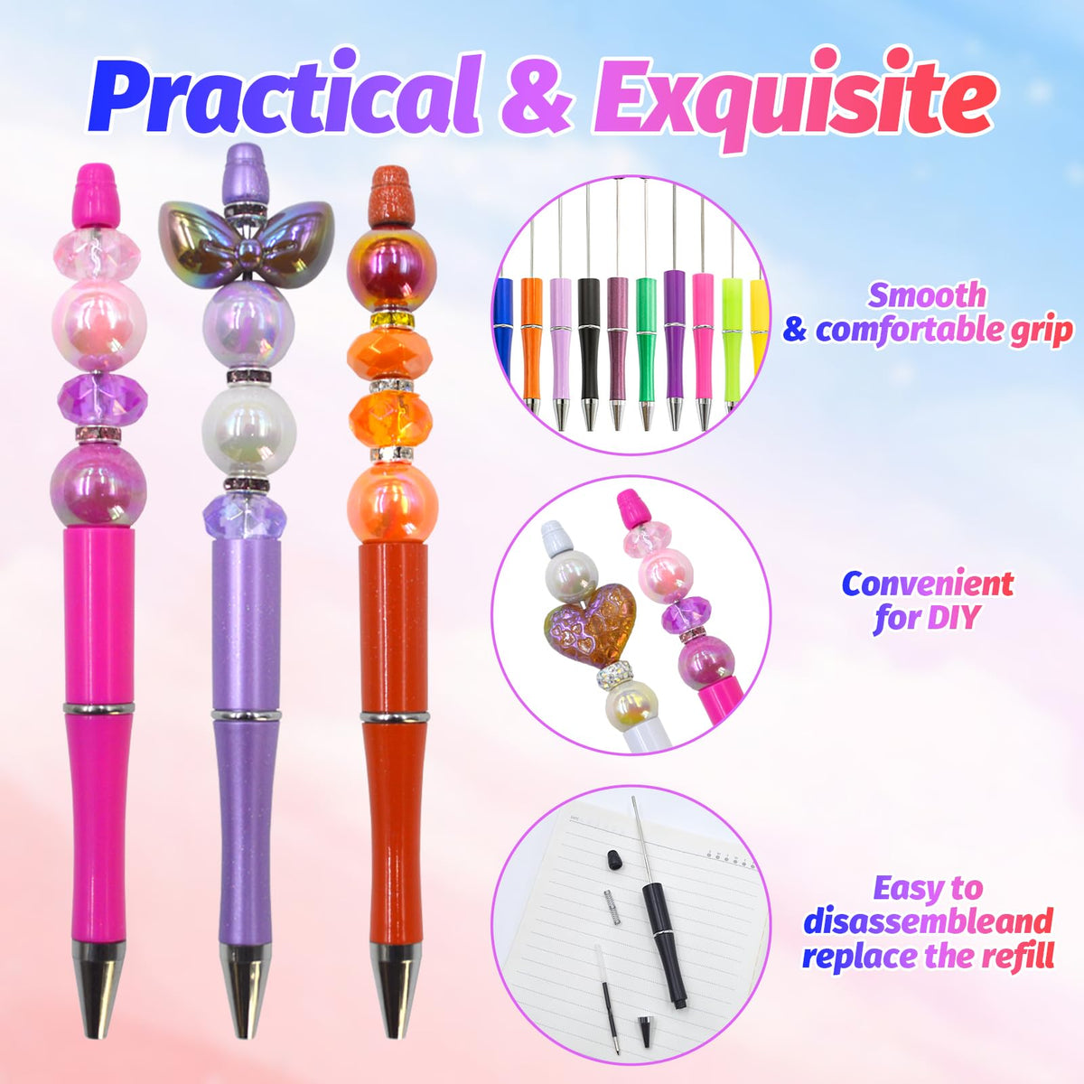 DASTTUIS 300 Pieces DIY Beadable Pen Kit – 100 Plastic Ballpoint Pens with Refills & Bags – School