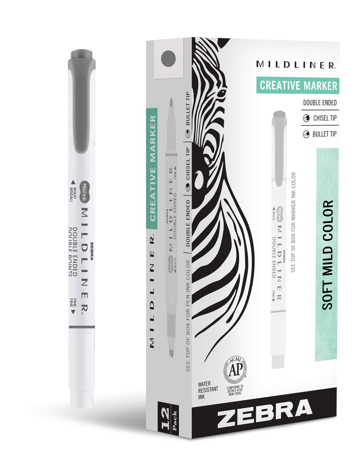 Zebra Pen MILDLINER No Bleed Highlighter, Dark Gray Color, Dual Tip, 12-Pk