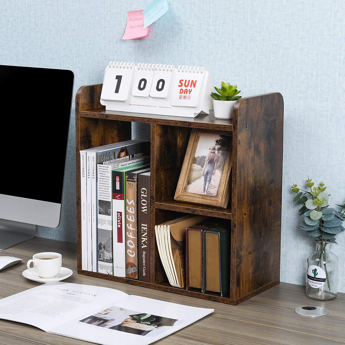PAG-Mass Desktop Bookshelf Freestanding Wooden Countertop Bookcase Accessories Organizer Display