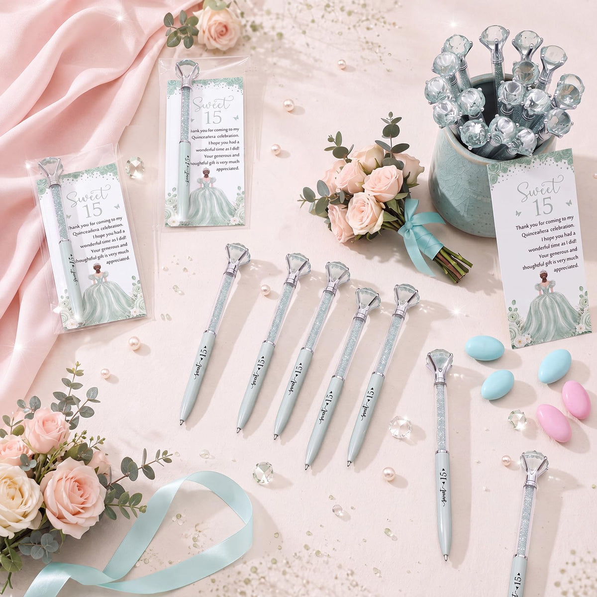 Sayglossy 50 Sets Quinceanera Party Favors Sweet Thank You Gifts Diamond Pens with Thank You Cards