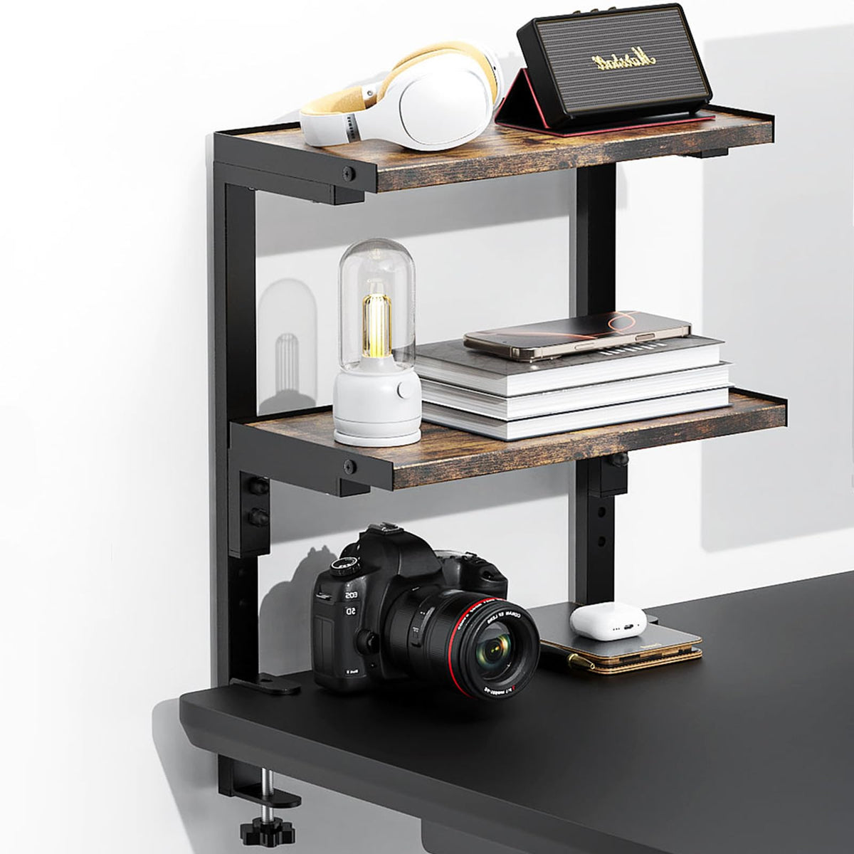 Spacrea Clamp on Desk Shelf, 2 Tier Office Desk Shelves Organizer, Wood Desktop Supplies Storage