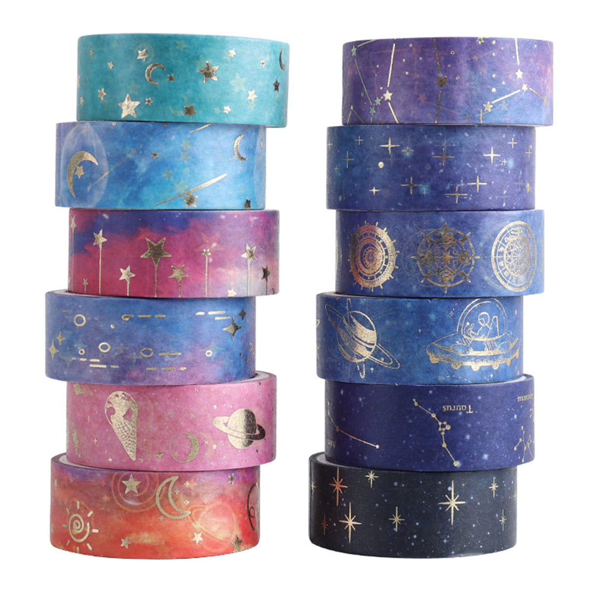 Esweny 12 Rolls Galaxy Washi Tape Set, Gold Foil Decorative Masking Tape for Scrapbooking, Journal