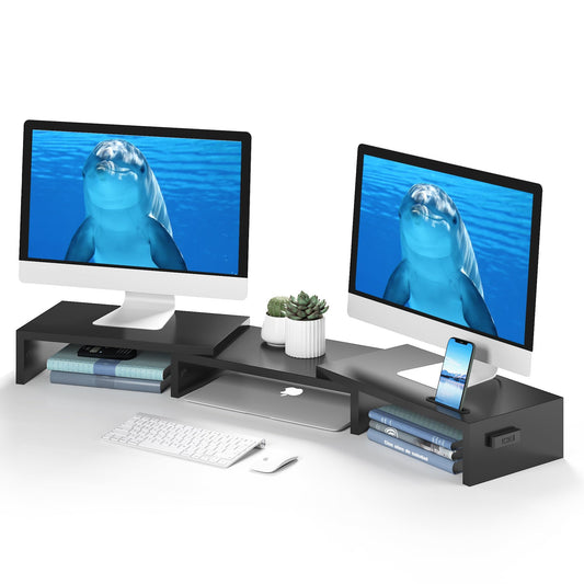 BONTEC Dual Monitor Stand Riser, Adjustable Length & Swivel Angle, Black
