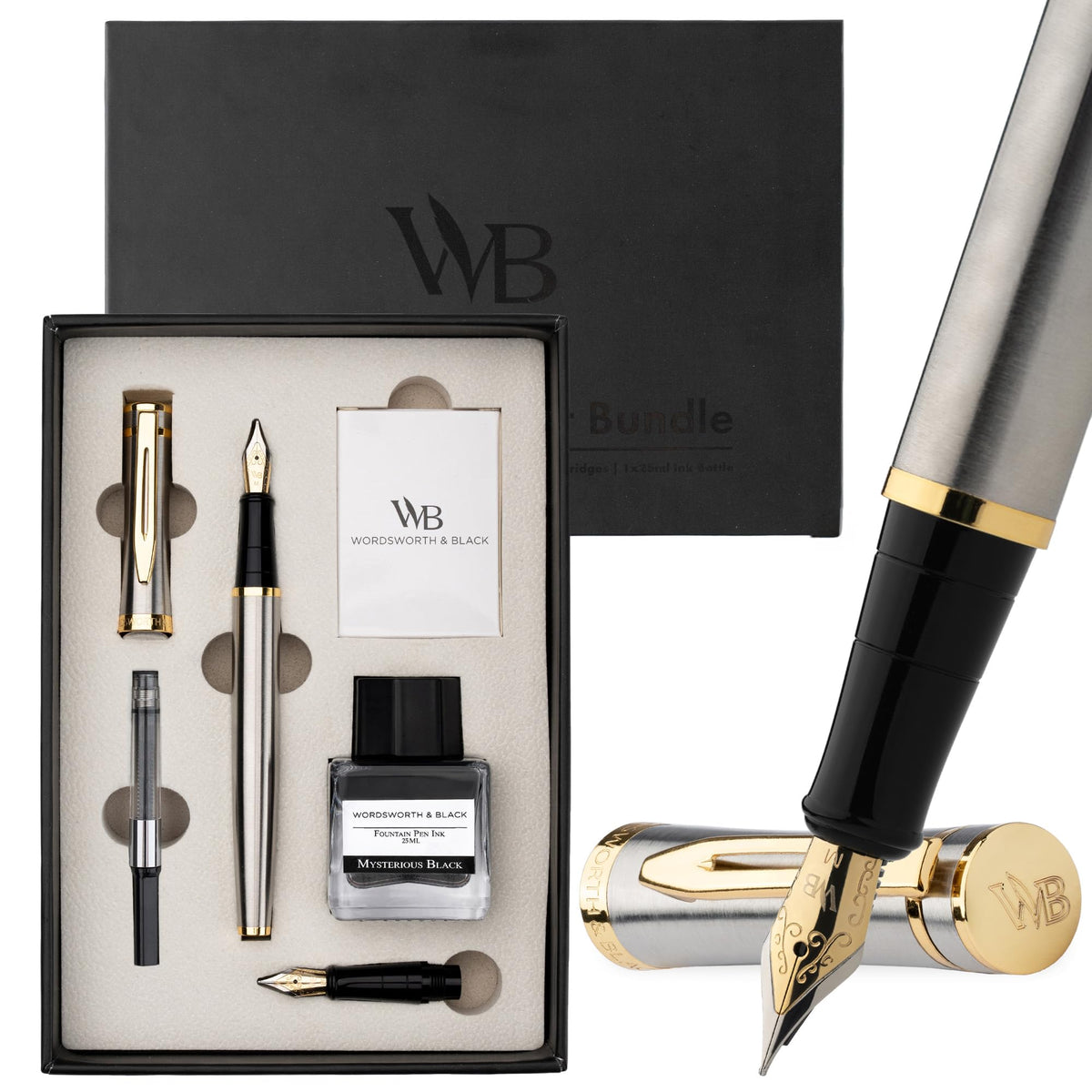 Wordsworth & Black Fountain Pen Gift Set, Medium & Extra Fine Nib, Silver Gold