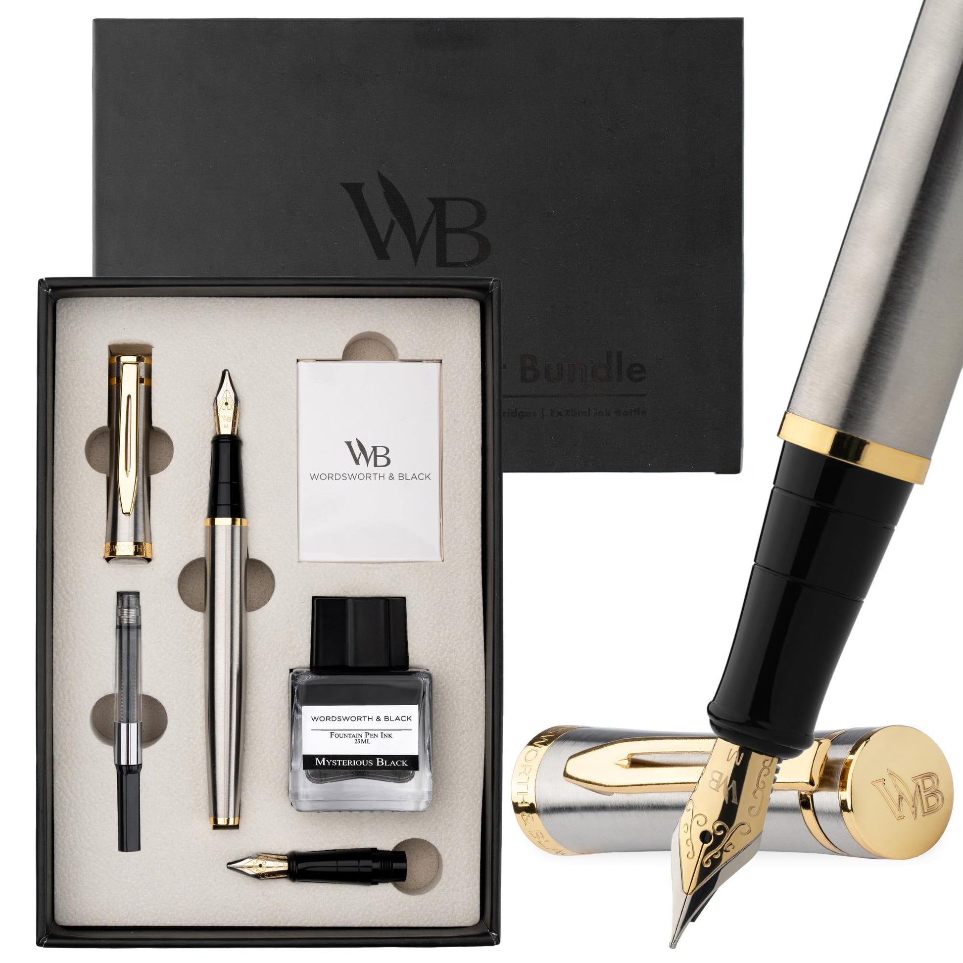 Wordsworth & Black Fountain Pen Gift Set, Medium & Extra Fine Nib, Silver Gold