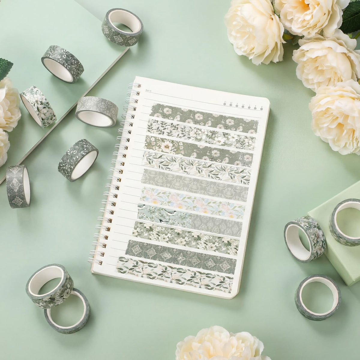 YooNotee 12 Rolls Floral Washi Tape Set,Sage Green,Greenery