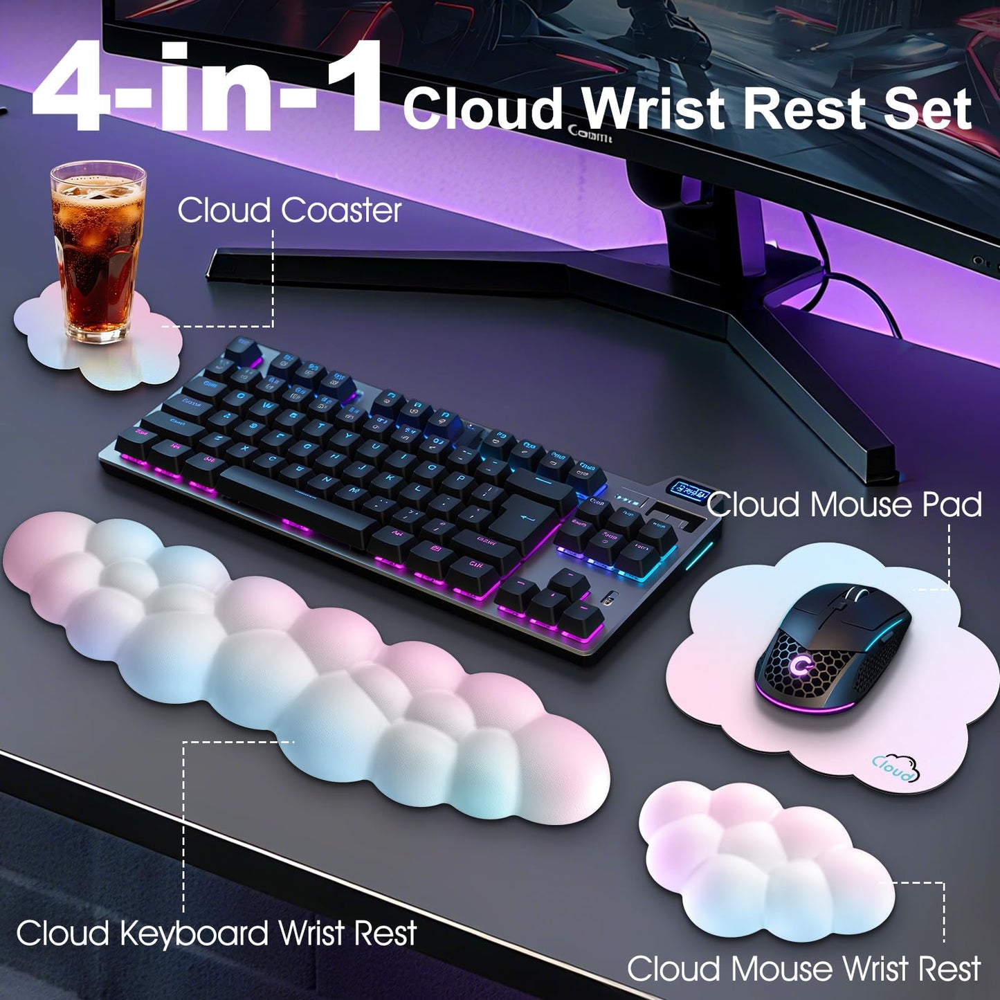 Retuhapy Cloud Wrist Rest Keyboard Cushion and Cloud Mouse Pad, Rainbow