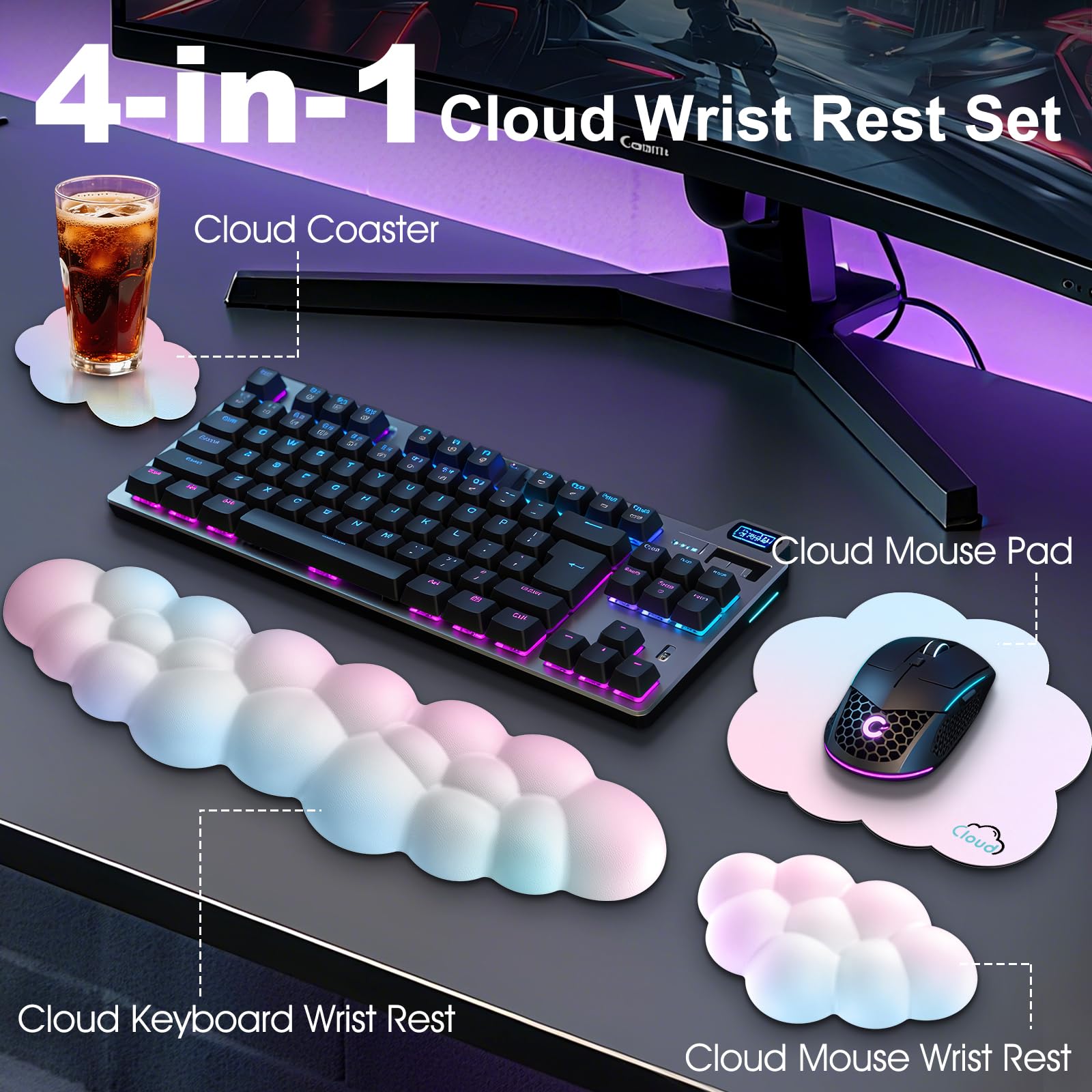Retuhapy Cloud Wrist Rest Keyboard Cushion and Cloud Mouse Pad, Rainbow