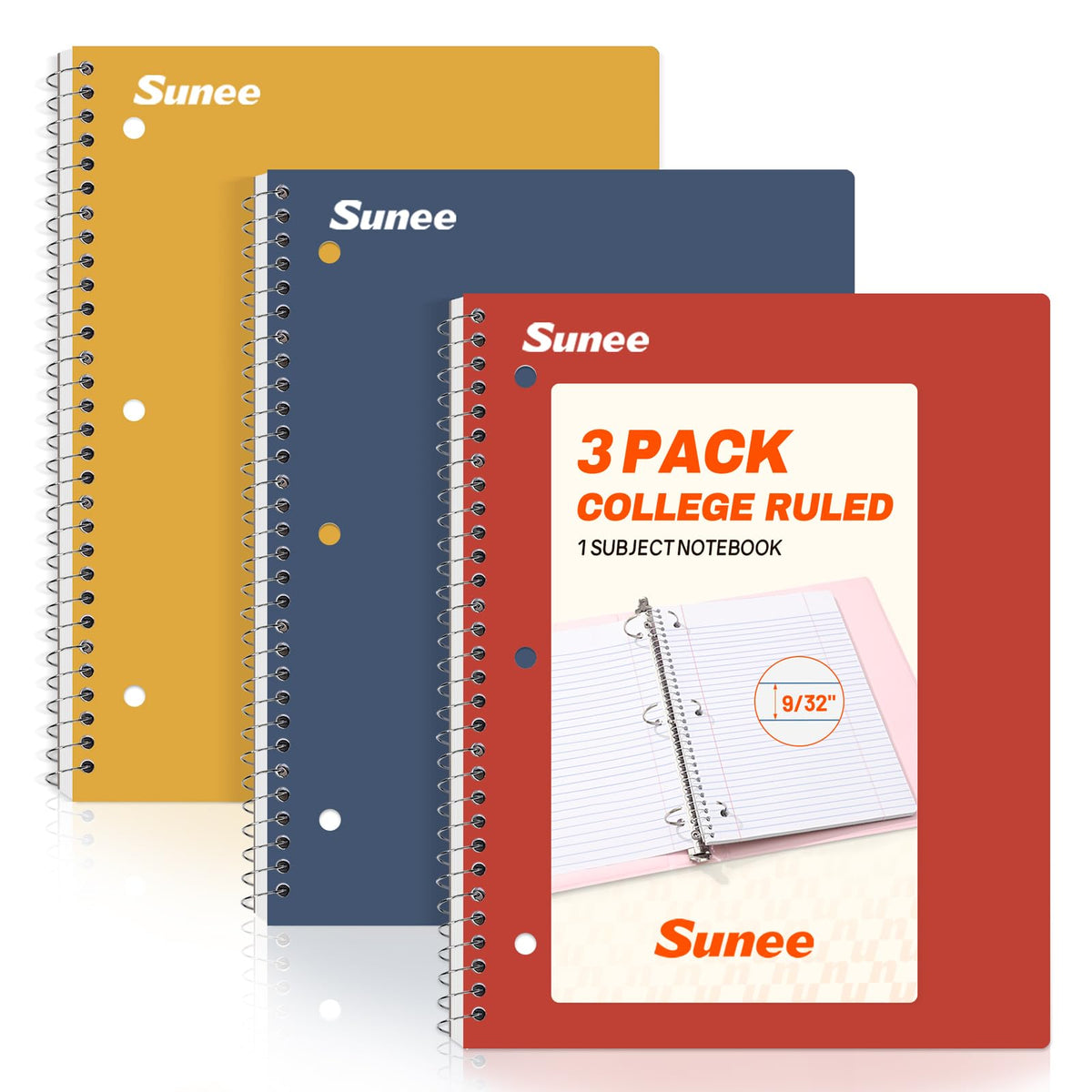 SUNEE Spiral Notebooks, 3 Pack, 1-Subject, College Ruled Paper, 8" x 10-1/2", 70 Sheets per