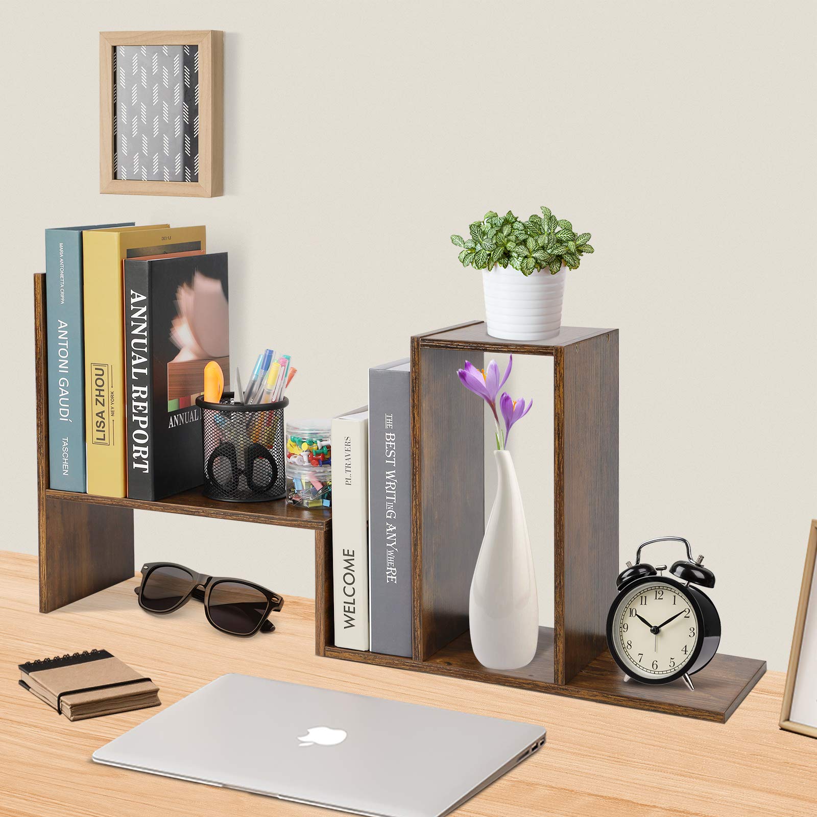Sorfity Expandable Wood Desktop Bookshelf Desktop Organizer Office Storage Rack Wood Display Shelf