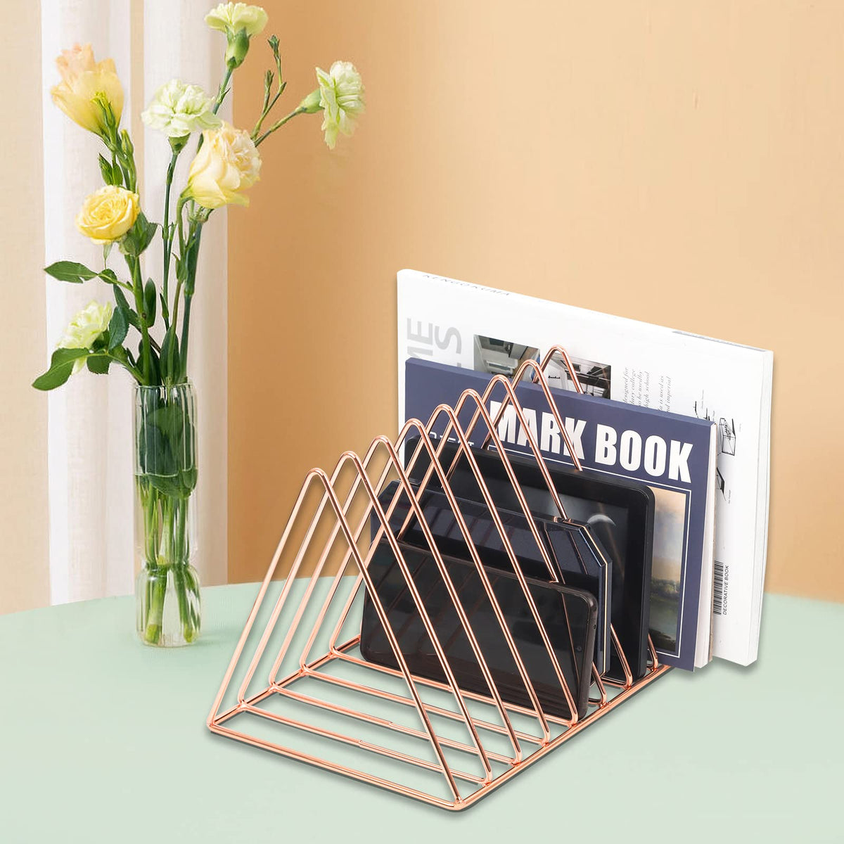 EASEPRES Rose Gold Magazine Holder, Desktop File Sorter Organizer Triangle 9 Slot Newspaper Record
