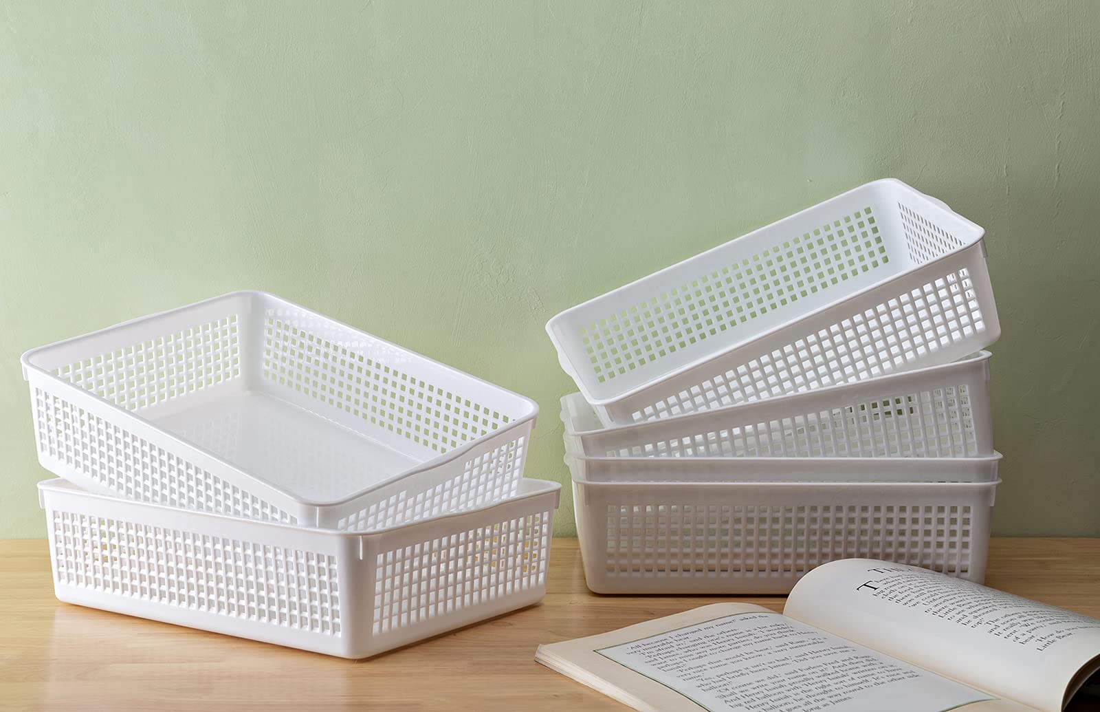 Eslite A4 Size Plastic Storage Basket,Desktop File Paper Letter Organizer Tray, 6-Packs (White)