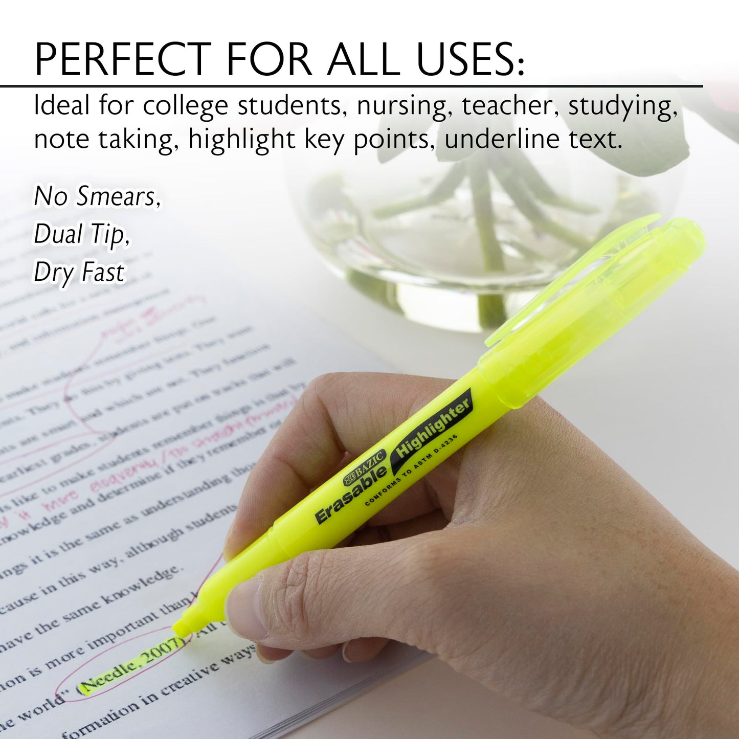 BAZIC PRODUCTS Yellow Erasable Highlighters, Eraser Tip, Chisel, 24-Box