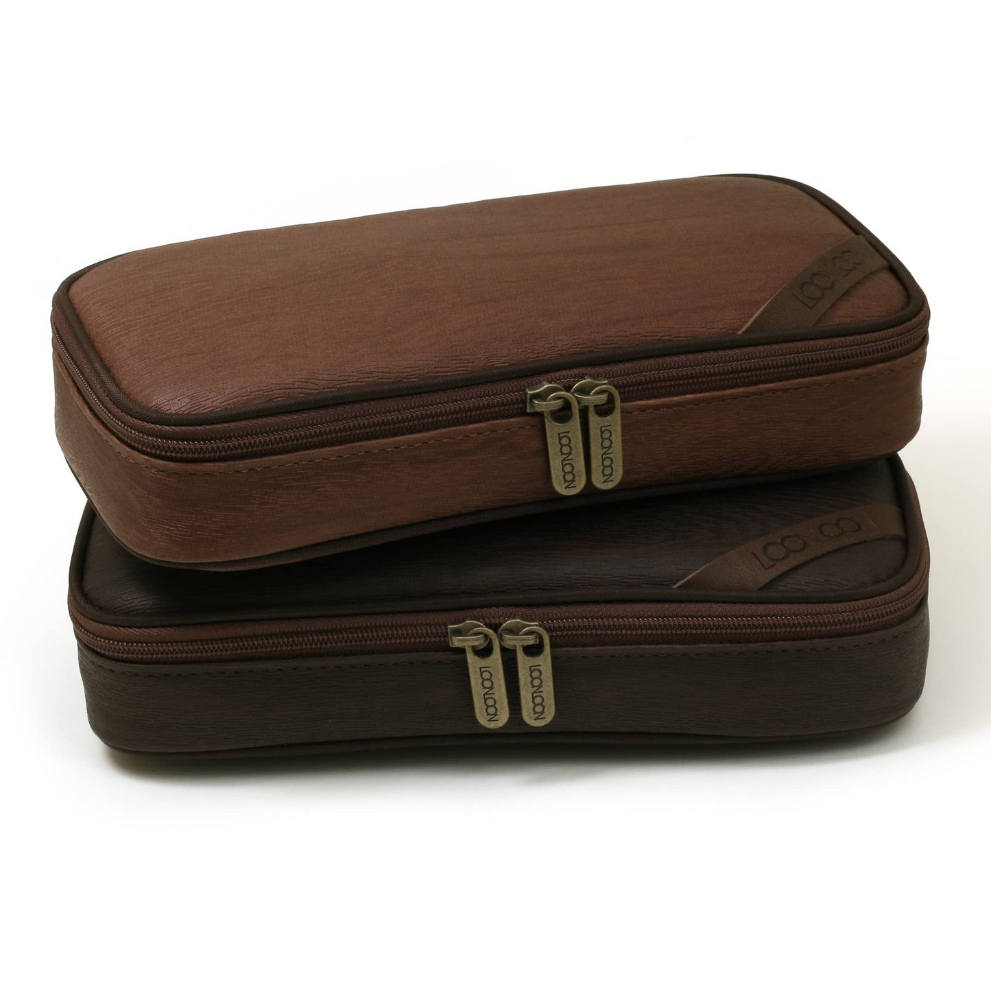 LOONLOON 664 Wood PU Leather Pencil Case, Two-Tier Pen Pouch, Dark Brown