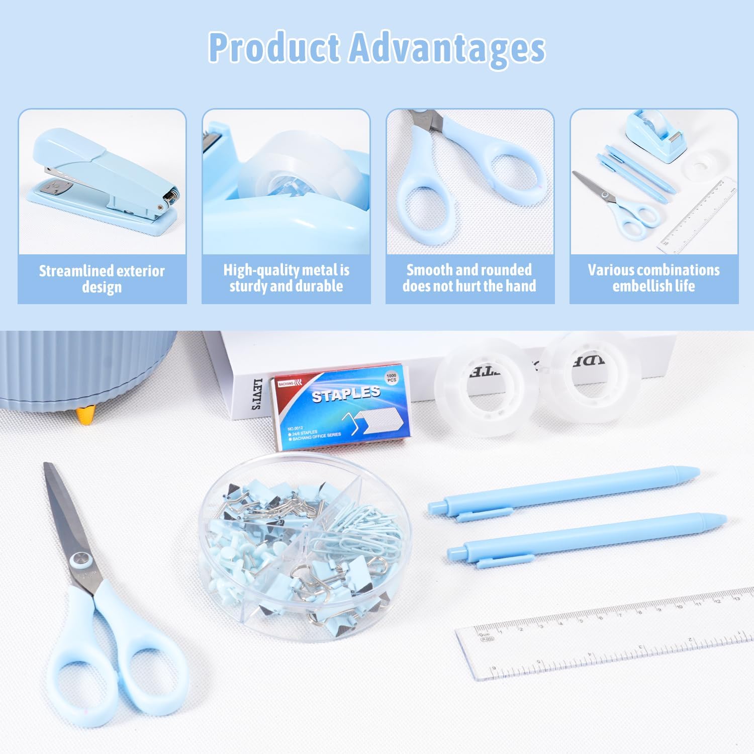 Gawsey Blue Desk Organizers and Accessories with Desk Organizer 360° Rotating Pen Holder and Office