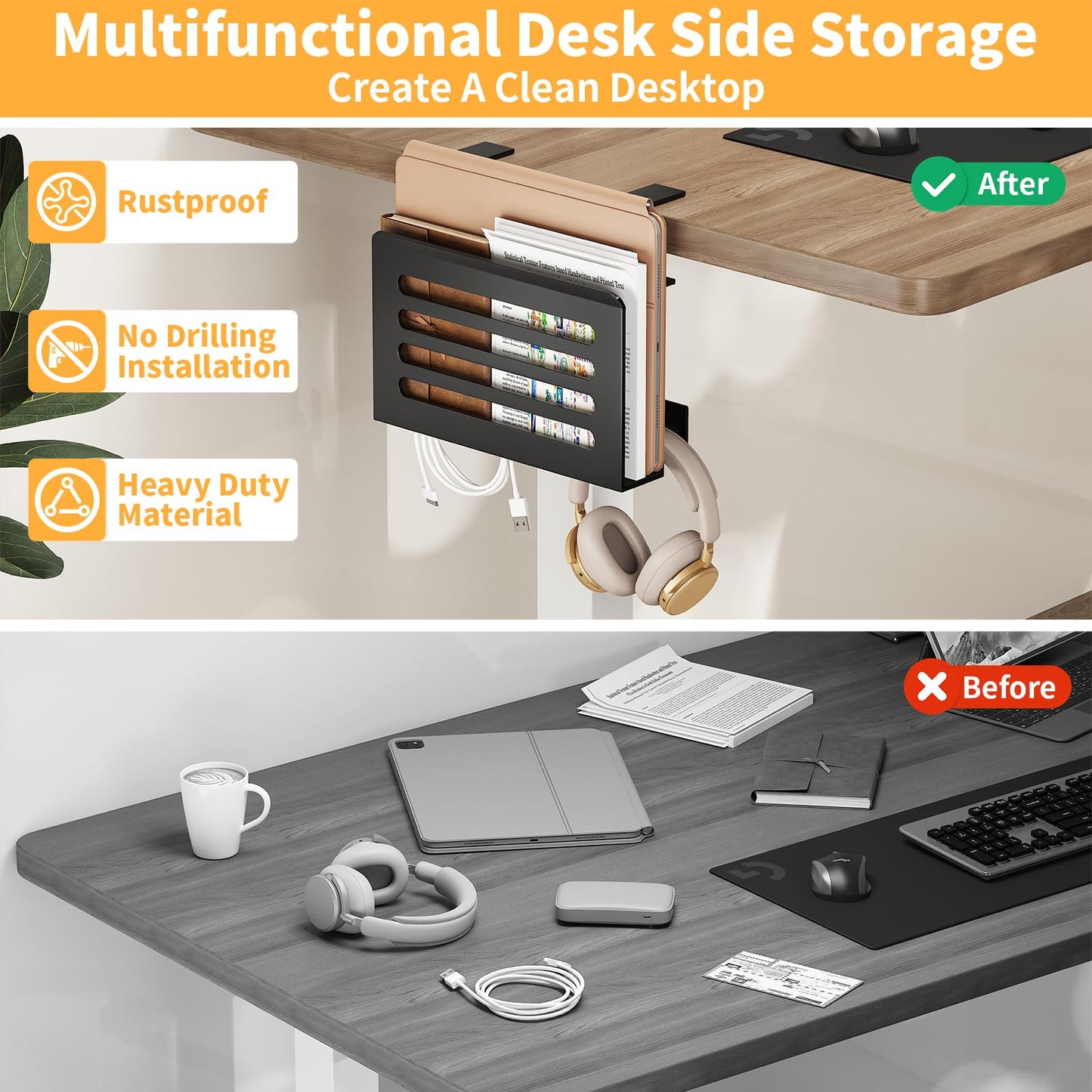 ROLIZOE Space Saving Desk Side Storage No Drilling Under Desk Laptop Holder with Headphone Holder