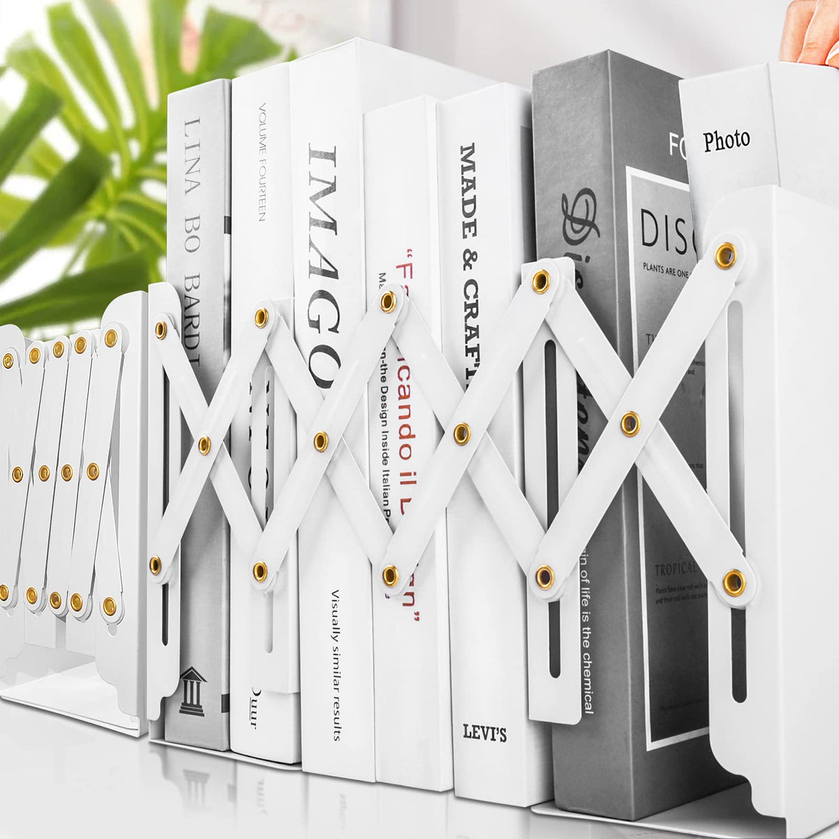 2PCS Carooyac Heavy Duty Bookends to Hold Books - Adjustable Metal Bookends for Shelves - White