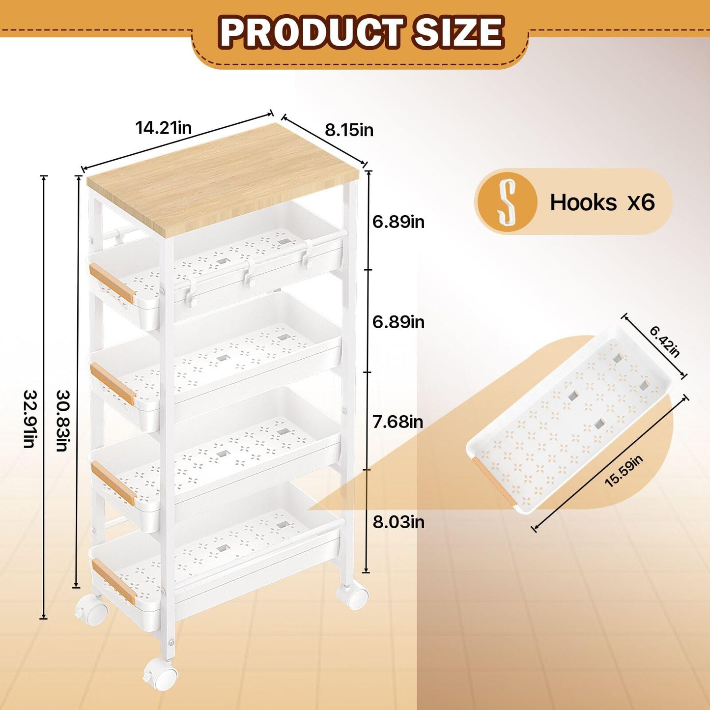 SUNALLY Slim Storage Cart with Wheels, Narrow Kitchen Rolling Cart, White