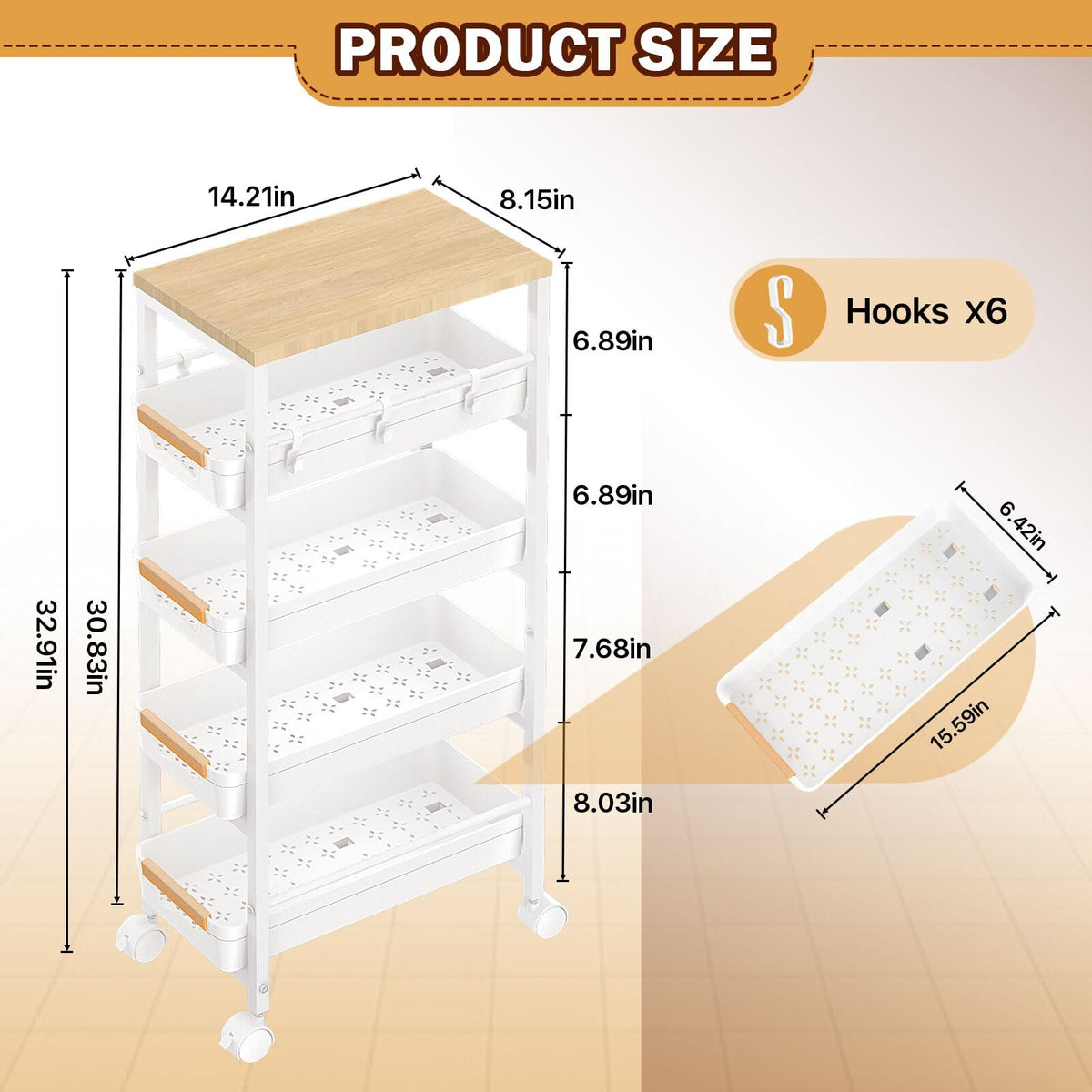 SUNALLY Slim Storage Cart with Wheels, Narrow Kitchen Rolling Cart, White