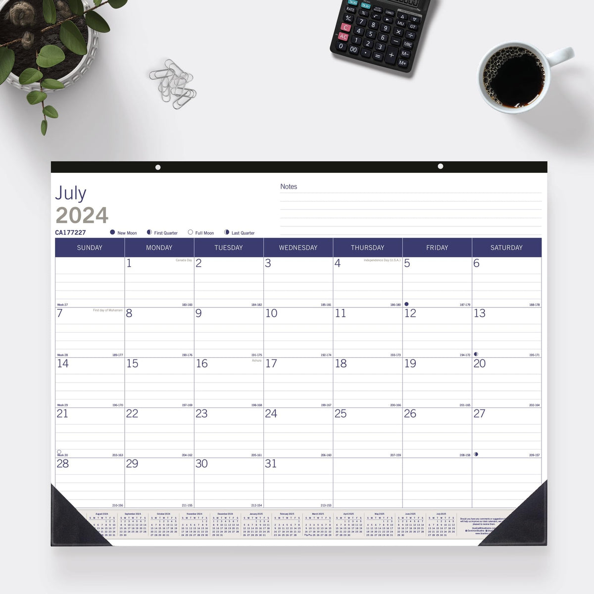 Blueline® DuraGlobe™ Academic Monthly Desk Pad Calendar, 13 Months, July 2024 to July 2025, 22" x