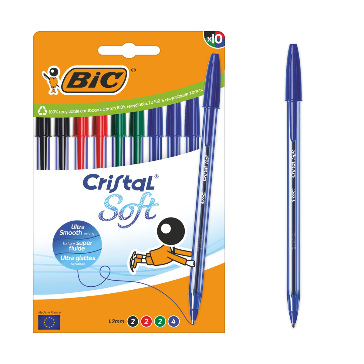 Bic Cristal Soft Ballpoint Pens Medium Tip (1.2 mm) with Easy Glide Ink – Assorted Colours, Box of