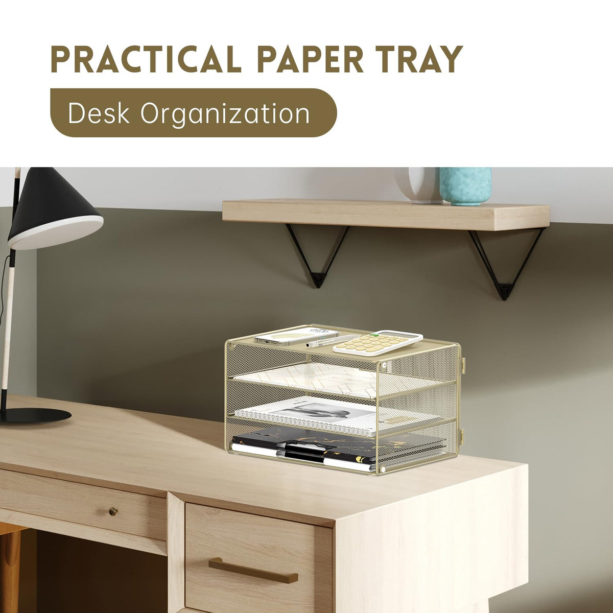 DALTACK 3 Tier Letter Tray Paper Organizer with Sliding Mesh Trays Yellow